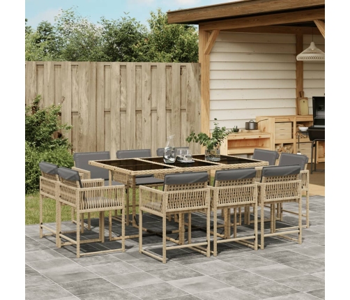 Set comedor de jardín 11 pzas con cojines ratán sintético beige