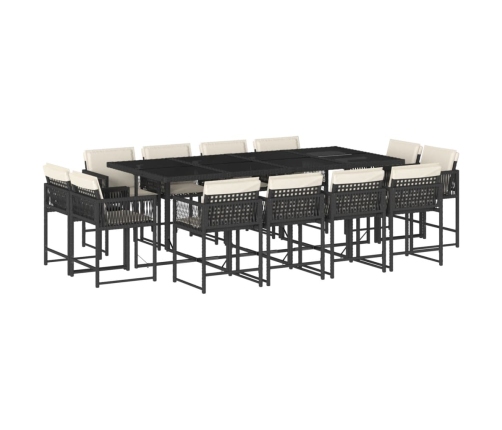 Set comedor de jardín con cojines 13 pzas ratán sintético negro