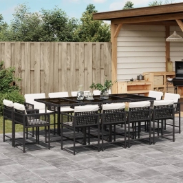 Set comedor de jardín con cojines 13 pzas ratán sintético negro