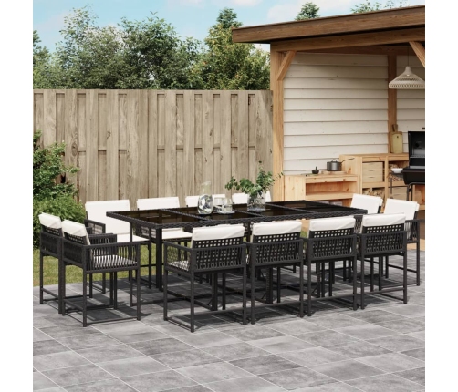 Set comedor de jardín con cojines 13 pzas ratán sintético negro