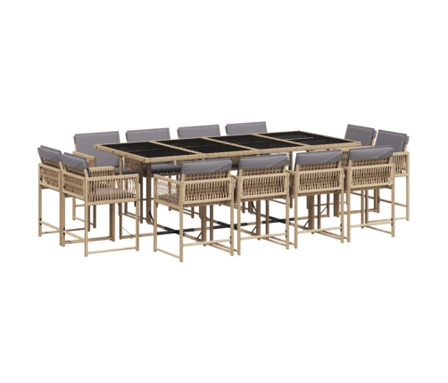Set comedor de jardín con cojines 13 pzas ratán sintético beige