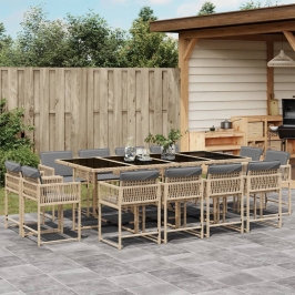 Set comedor de jardín con cojines 13 pzas ratán sintético beige