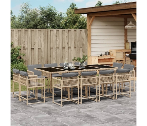 Set comedor de jardín con cojines 13 pzas ratán sintético beige