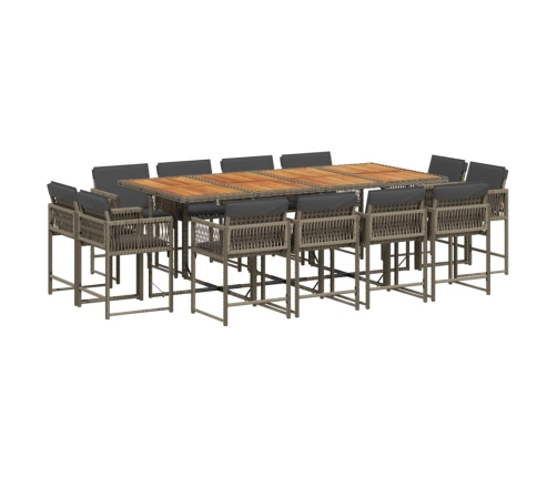 Set comedor de jardín con cojines 13 pzas ratán sintético gris