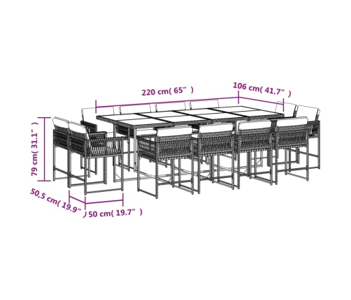 Set comedor de jardín con cojines 13 pzas ratán sintético gris