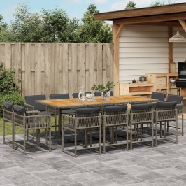 Set comedor de jardín con cojines 13 pzas ratán sintético gris