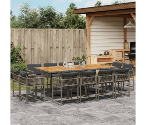 Set comedor de jardín con cojines 13 pzas ratán sintético gris