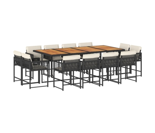 Set comedor de jardín con cojines 13 pzas ratán sintético negro