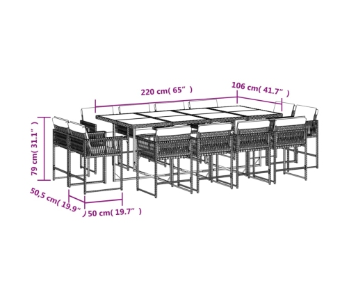 Set comedor de jardín con cojines 13 pzas ratán sintético negro