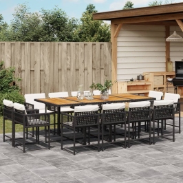 Set comedor de jardín con cojines 13 pzas ratán sintético negro