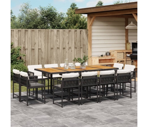 Set comedor de jardín con cojines 13 pzas ratán sintético negro