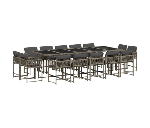 Set comedor de jardín con cojines 15 pzas ratán sintético gris