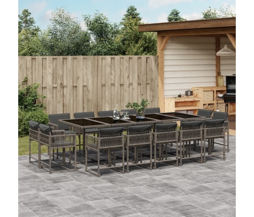 Set comedor de jardín con cojines 15 pzas ratán sintético gris