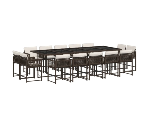 Set comedor de jardín y cojines 15 pzas ratán sintético marrón
