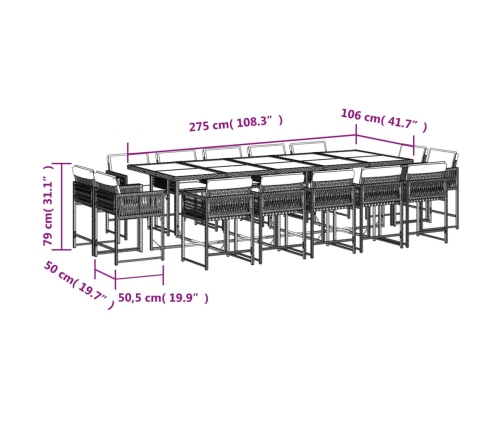 Set comedor de jardín y cojines 15 pzas ratán sintético marrón