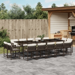 Set comedor de jardín y cojines 15 pzas ratán sintético marrón