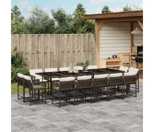 Set comedor de jardín y cojines 15 pzas ratán sintético marrón