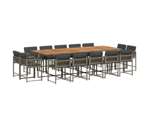 Set comedor de jardín con cojines 15 pzas ratán sintético gris