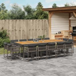 Set comedor de jardín con cojines 15 pzas ratán sintético gris