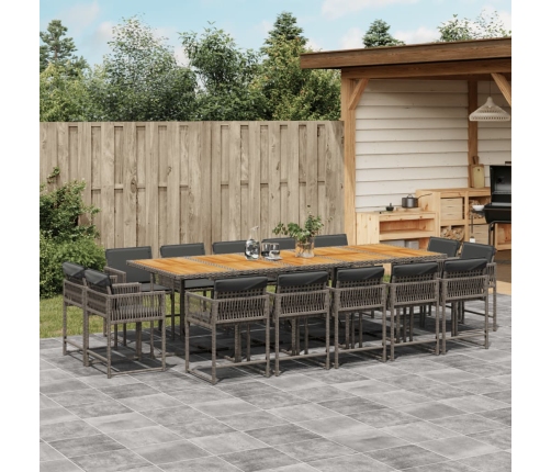 Set comedor de jardín con cojines 15 pzas ratán sintético gris