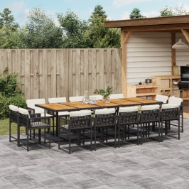 Set comedor de jardín con cojines 15 pzas ratán sintético negro