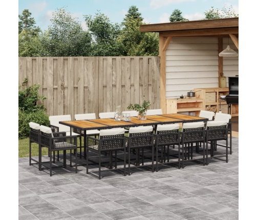 Set comedor de jardín con cojines 15 pzas ratán sintético negro