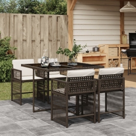Set comedor de jardín 5 piezas y cojines ratán sintético marrón