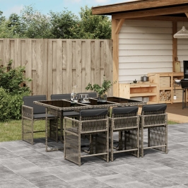 Set comedor jardín 7 pzas y cojines ratán sintético gris