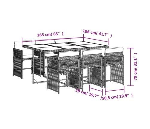 Set comedor de jardín 7 pzas con cojines ratán sintético marrón