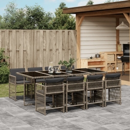 Set comedor jardín 9 pzas y cojines ratán sintético gris