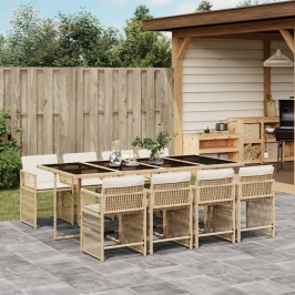 Set comedor de jardín 9 pzas con cojines ratán sintético beige