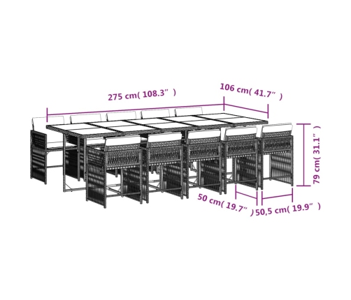 Set comedor de jardín 11 pzas con cojines ratán sintético beige