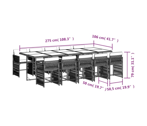 Set comedor de jardín 11 pzas con cojines ratán sintético beige