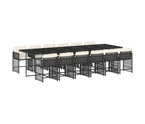 Set comedor de jardín con cojines 13 pzas ratán sintético negro