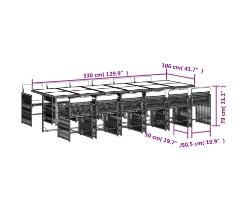 Set comedor de jardín con cojines 13 pzas ratán sintético negro