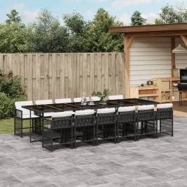 Set comedor de jardín con cojines 13 pzas ratán sintético negro