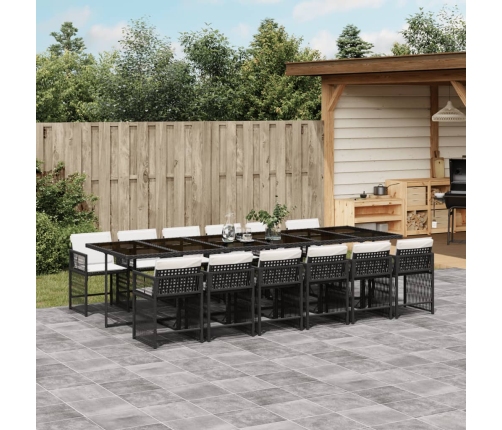 Set comedor de jardín con cojines 13 pzas ratán sintético negro