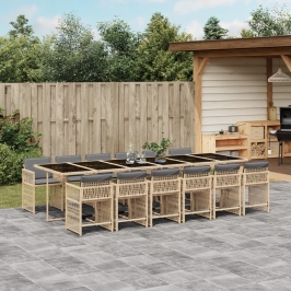 Set comedor de jardín con cojines 13 pzas ratán sintético beige