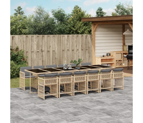 Set comedor de jardín con cojines 13 pzas ratán sintético beige