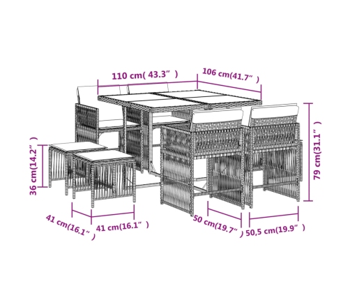 Set de comedor de jardín 9 pzas y cojines ratán sintético negro