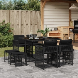 Set de comedor de jardín 9 pzas y cojines ratán sintético negro