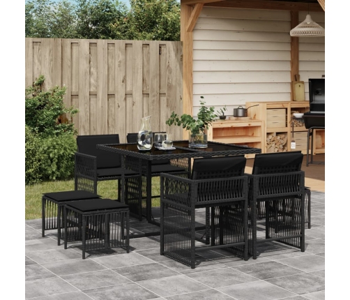 Set de comedor de jardín 9 pzas y cojines ratán sintético negro