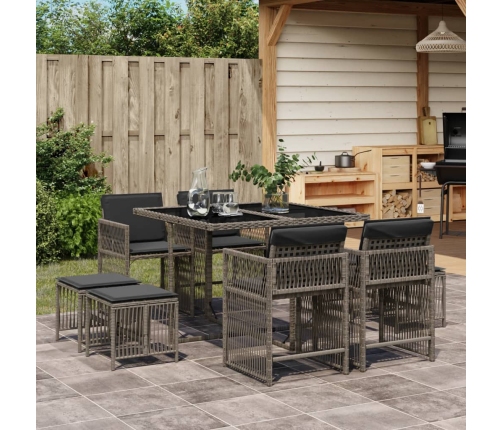 Set comedor jardín 9 pzas y cojines ratán sintético gris