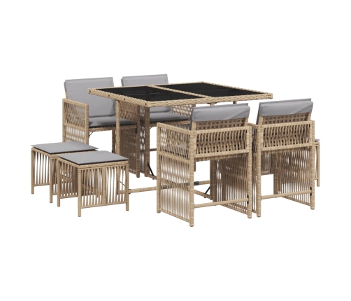 Set comedor de jardín 9 pzas con cojines ratán sintético beige
