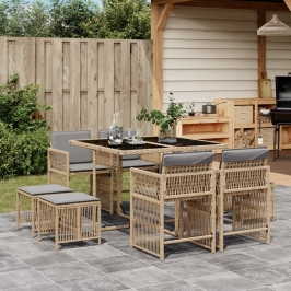 Set comedor de jardín 9 pzas con cojines ratán sintético beige