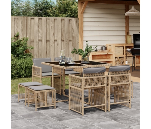 Set comedor de jardín 9 pzas con cojines ratán sintético beige