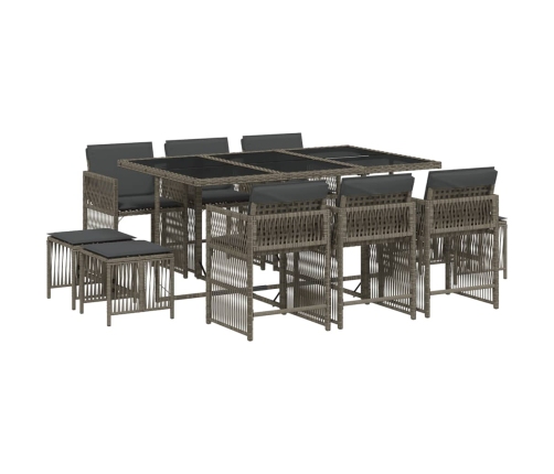 Set de comedor de jardín 11 pzas y cojines ratán sintético gris