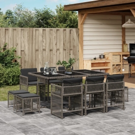 Set de comedor de jardín 11 pzas y cojines ratán sintético gris