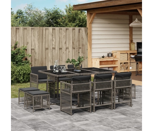 Set de comedor de jardín 11 pzas y cojines ratán sintético gris