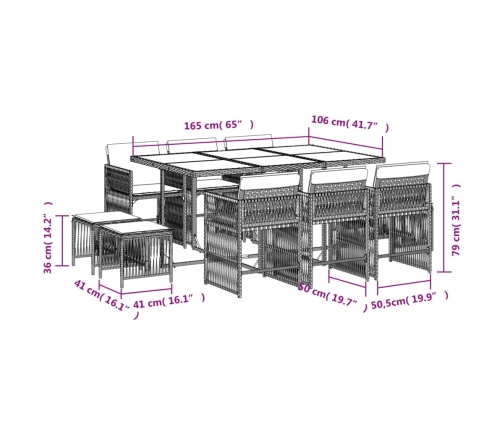 Set comedor de jardín 11 pzas y cojines ratán sintético marrón